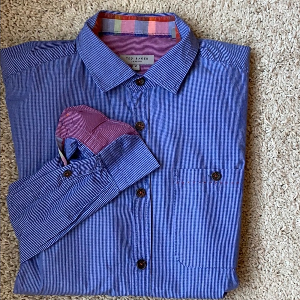 Ted Baker “Griddy” Blue Ted Fit Shirt Plaid Trim